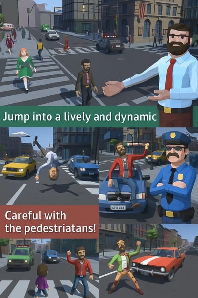 A man is jumping in the air in a sandbox city game.